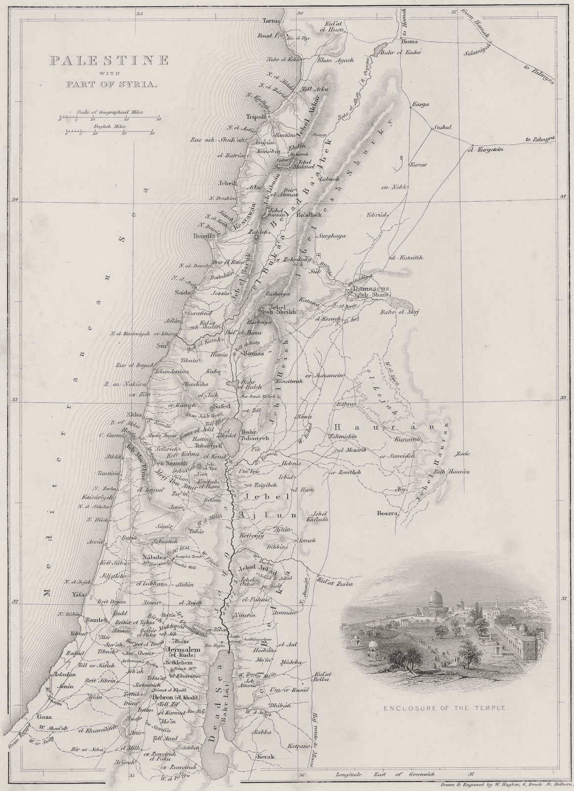 ISRAEL. Map of Palestine with Syria 1847 old antique vintage plan chart